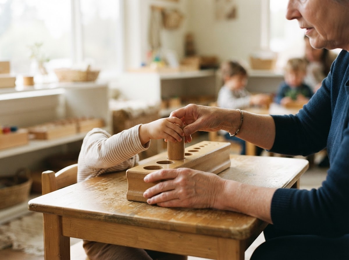 Teacher guiding a child's hands with Montessori materials