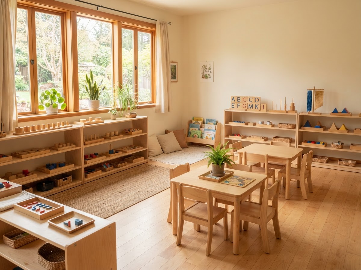 Bright Montessori classroom with low shelves and child-sized furniture
