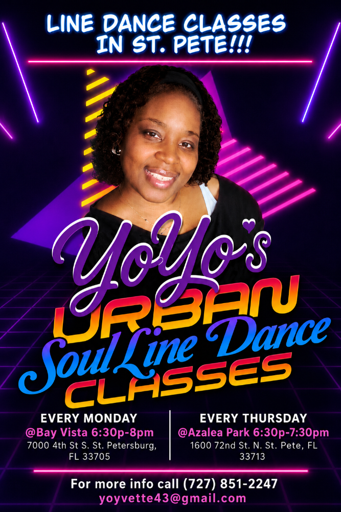 YoYo Line Dancing Official Flyer with vibrant purple and gold theme
