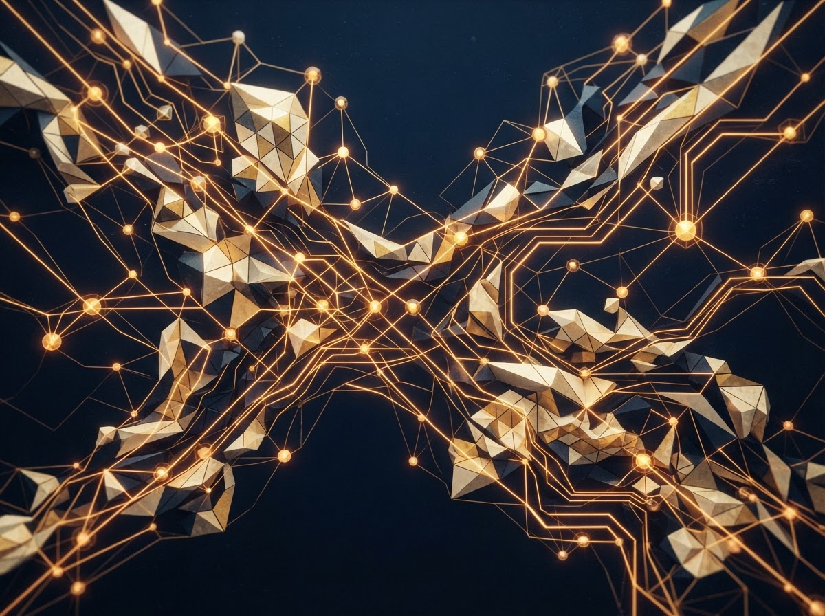 Abstract mosaic network of connected geometric nodes