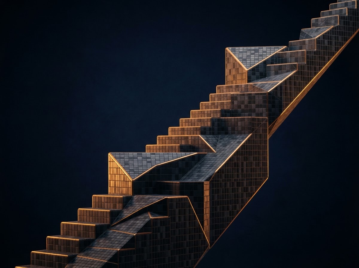 Abstract mosaic of interlocking tiles forming a rising structure