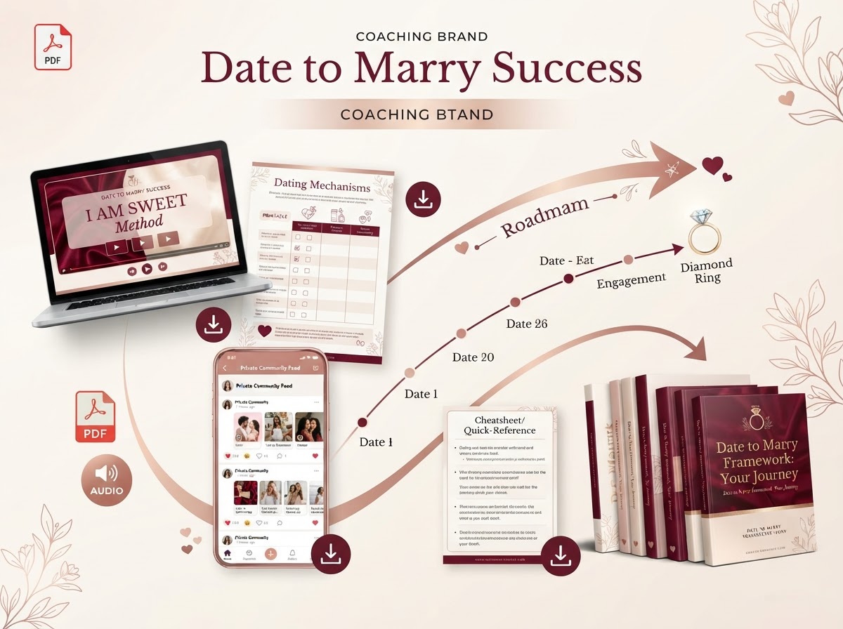 Date to Marry Success branded framework collage of courses, worksheets, community app, downloads, cheatsheets and books