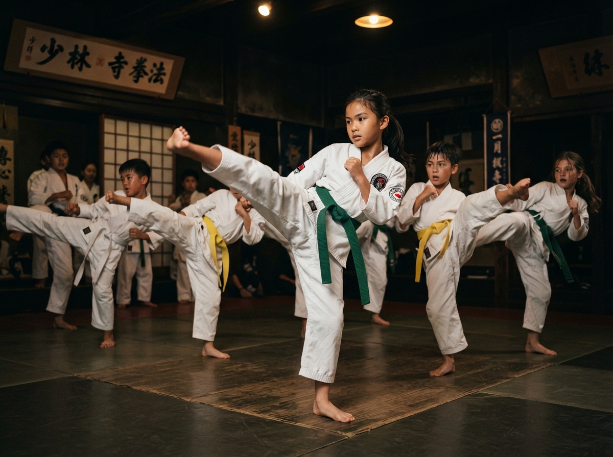 Young children practicing martial arts kicks in the dojo