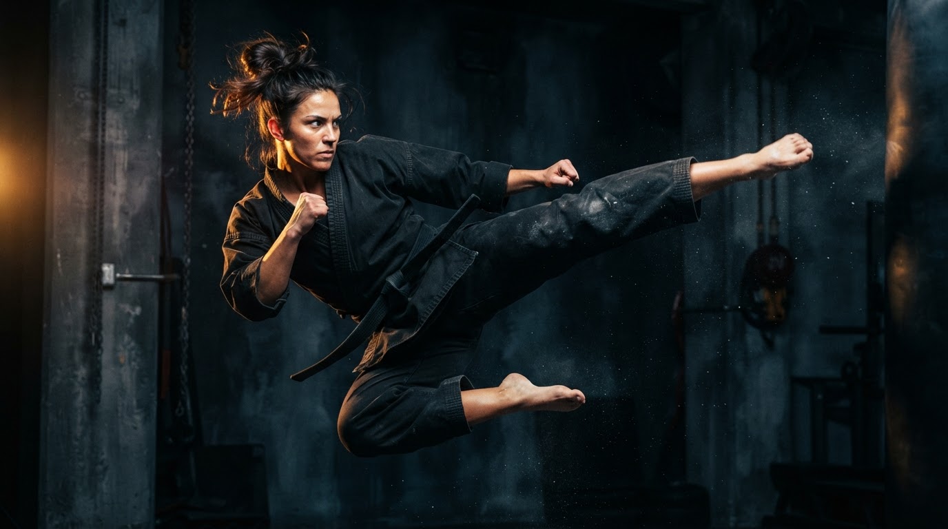 Martial artist performing a powerful mid-air kick at Action Karate