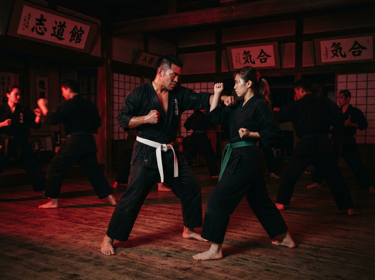 Adult martial arts students training together in the dojo