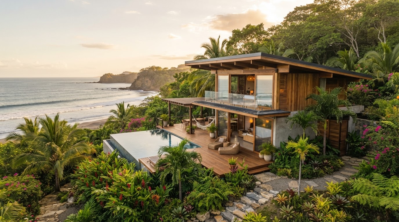 Propiedad residencial costera en Garza, Nosara, Guanacaste con arquitectura tropical de materiales naturales y vegetación establecida bajo luz cálida del Pacífico