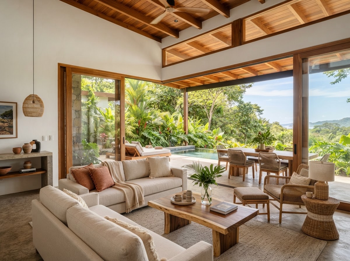 Interior luminoso de villa tropical de alquiler con techos de madera y terraza abierta hacia la vegetación en Guanacaste