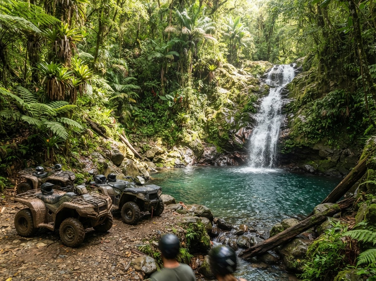 Excursión en cuatrimotos (ATV) hacia una cascada tropical en la selva de Guanacaste, Costa Rica