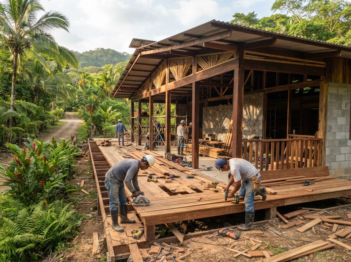 Obra de construcción y remodelación de una casa costera en Garza, Guanacaste, con mampostería y estructura de madera