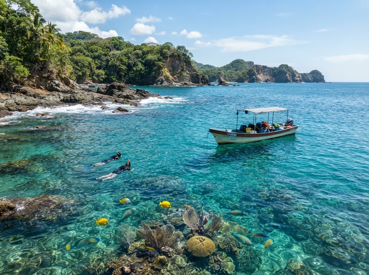 Embarcación pequeña anclada en aguas turquesa de la costa del Pacífico de Guanacaste