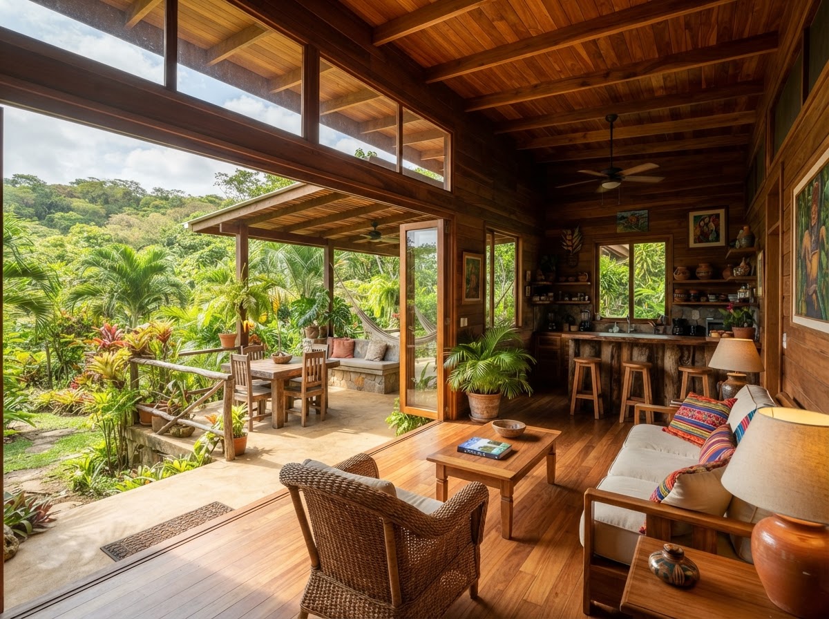 Interior cálido de casa residencial de alquiler en Esperanza, Nosara, con madera natural y vista al jardín