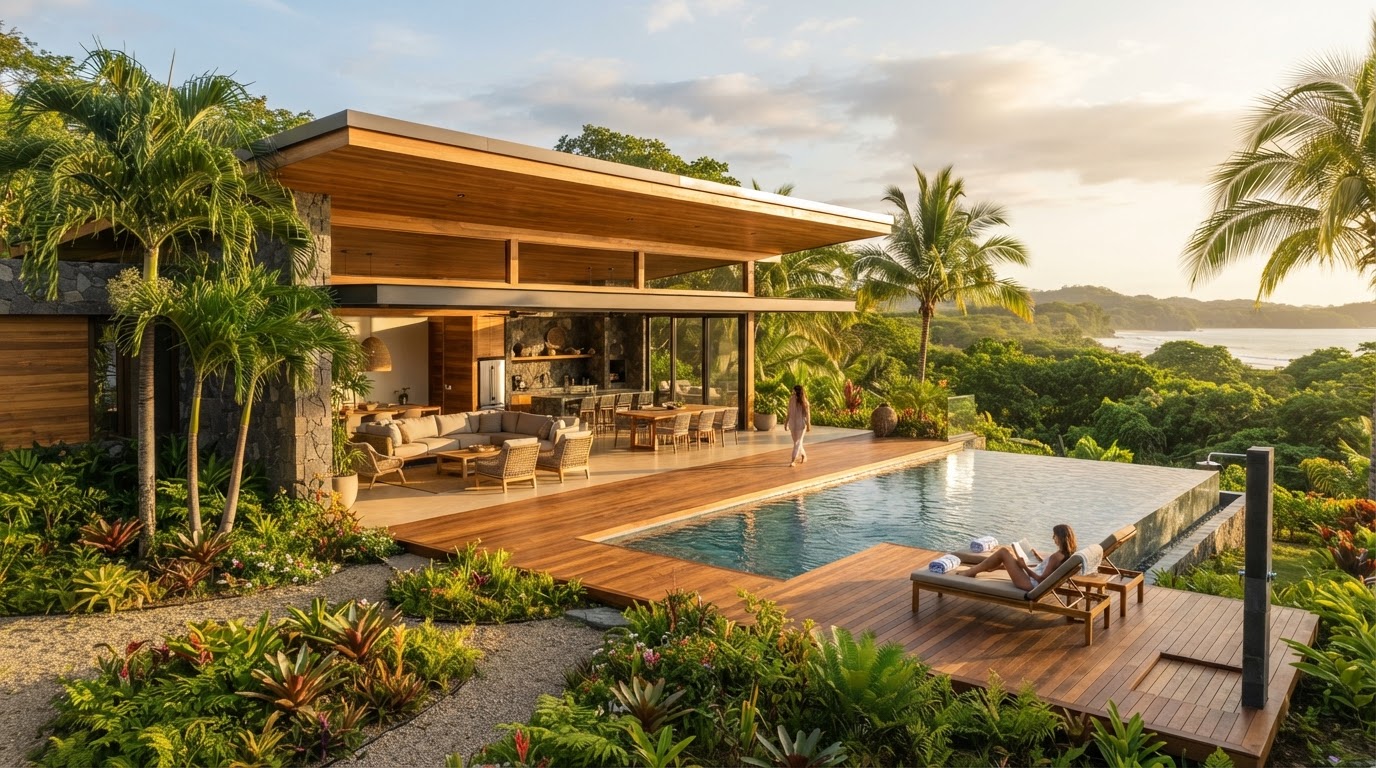 Casa tropical contemporánea en Playa Guiones, Nosara, con espacios abiertos, madera y piedra, jardín de palmas y piscina bajo la luz cálida del Pacífico