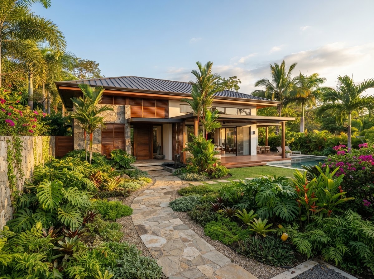 Propiedad residencial bien mantenida en Playa Pelada con jardín tropical exuberante y sendero de piedra natural