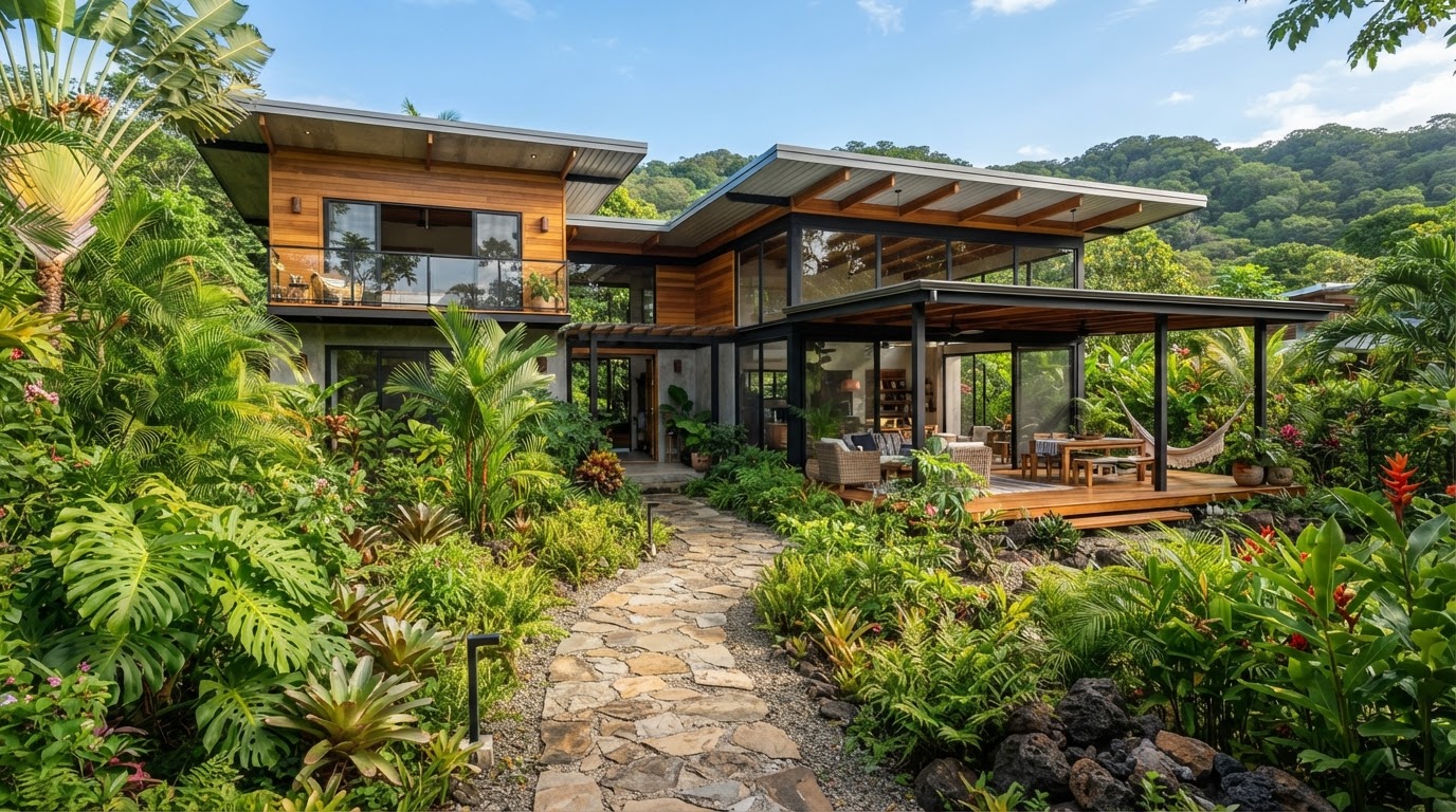 Casa residencial moderna en Esperanza, Nosara, Guanacaste con jardín tropical, sendero de piedra y arquitectura de madera bajo luz natural brillante