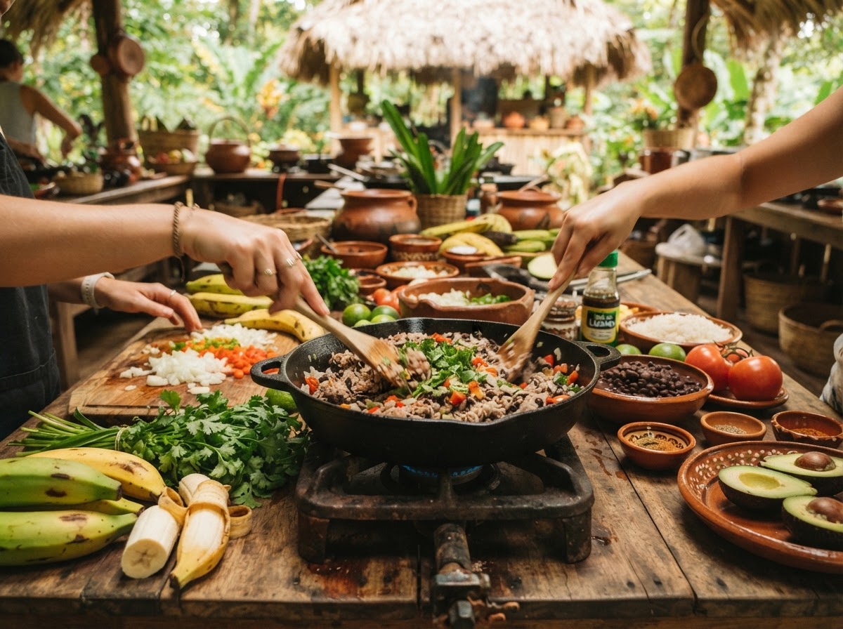 Ingredientes tropicales costarricenses sobre una mesa de madera durante una clase de cocina en Guanacaste