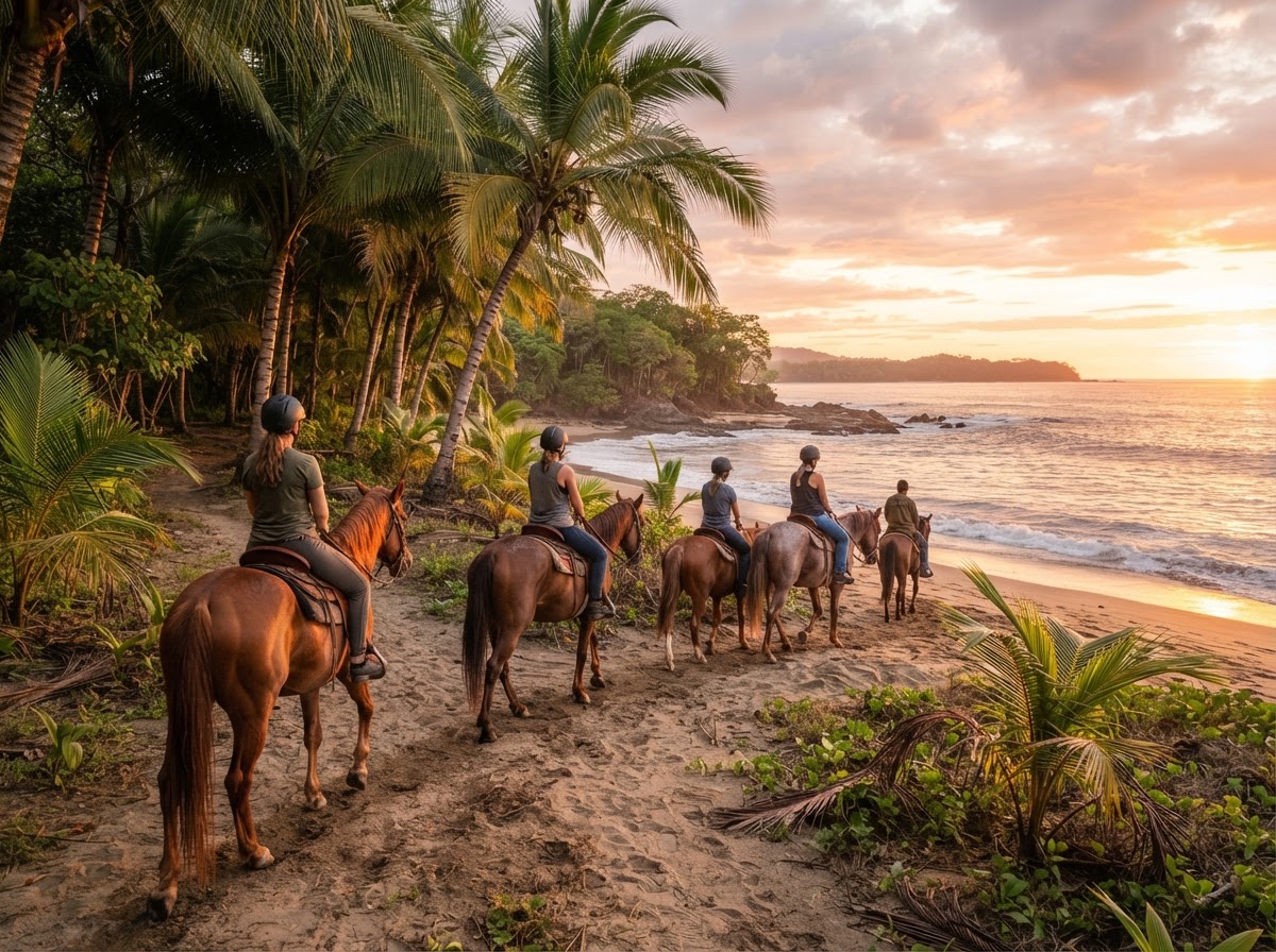 Sendero tropical junto a la costa de Guanacaste con vegetación y palmeras al atardecer