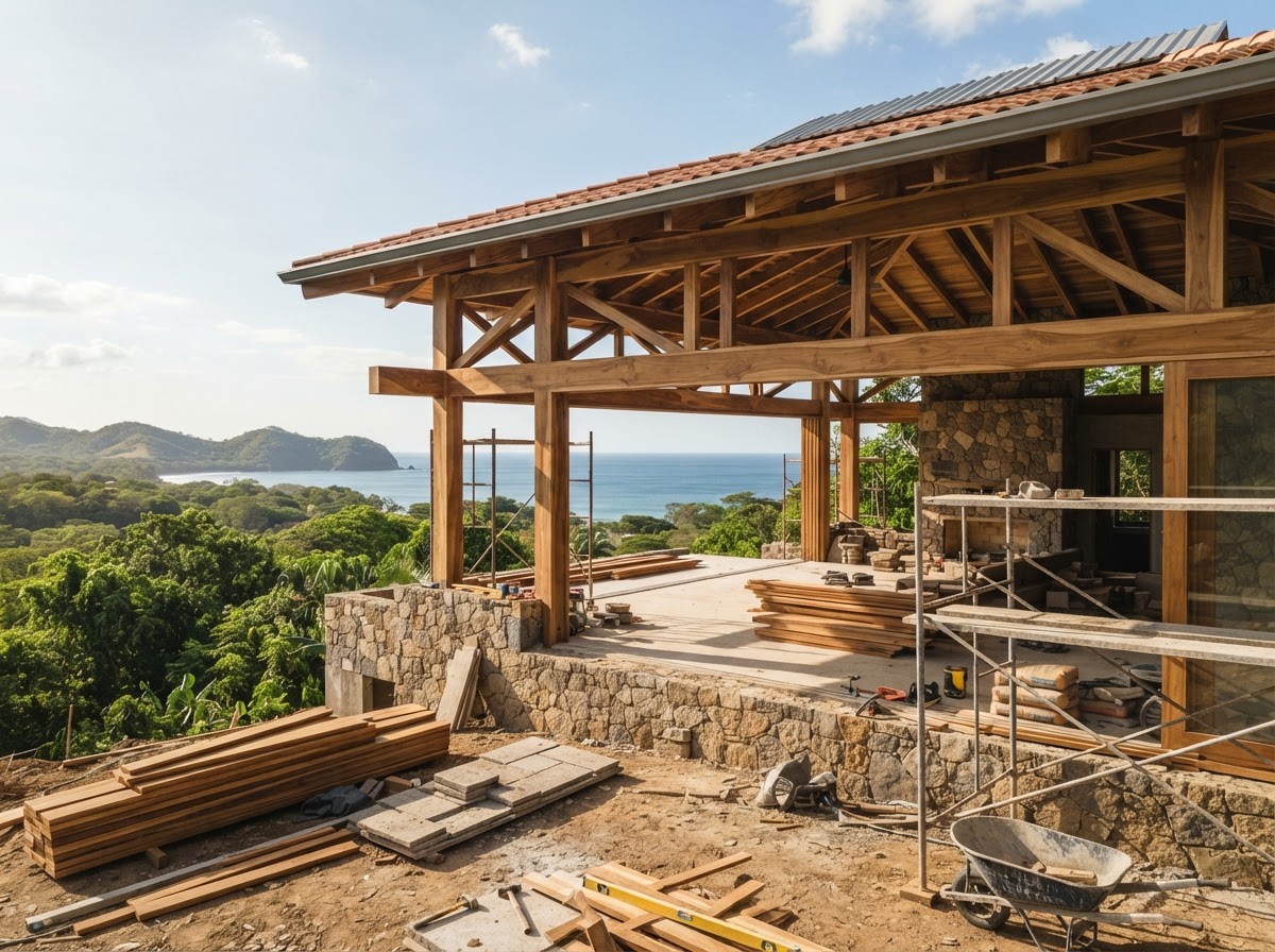 Obra de construcción y remodelación de villa tropical contemporánea con vigas de madera y muros de piedra natural en Guanacaste