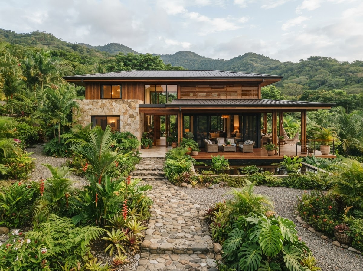 Propiedad residencial bien mantenida en una comunidad interior de la zona de Nosara, Guanacaste, con jardín tropical, sendero de piedra natural y arquitectura moderna