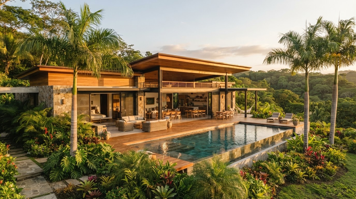 Casa tropical contemporánea bien mantenida en Guanacaste, rodeada de vegetación natural y con una atmósfera residencial acogedora bajo la luz cálida de la tarde