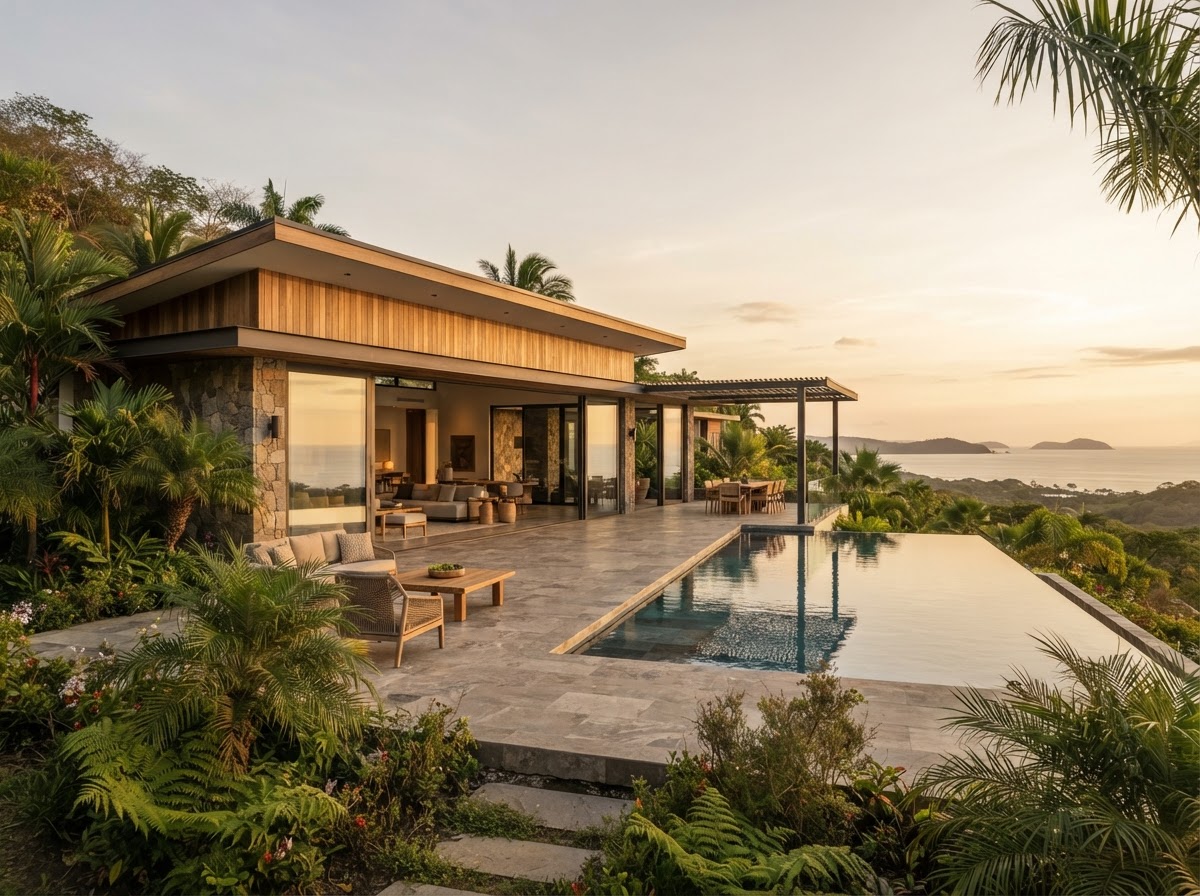 Vivienda tropical contemporánea representativa con piscina al borde del acantilado y vistas al Pacífico en Guanacaste, Costa Rica