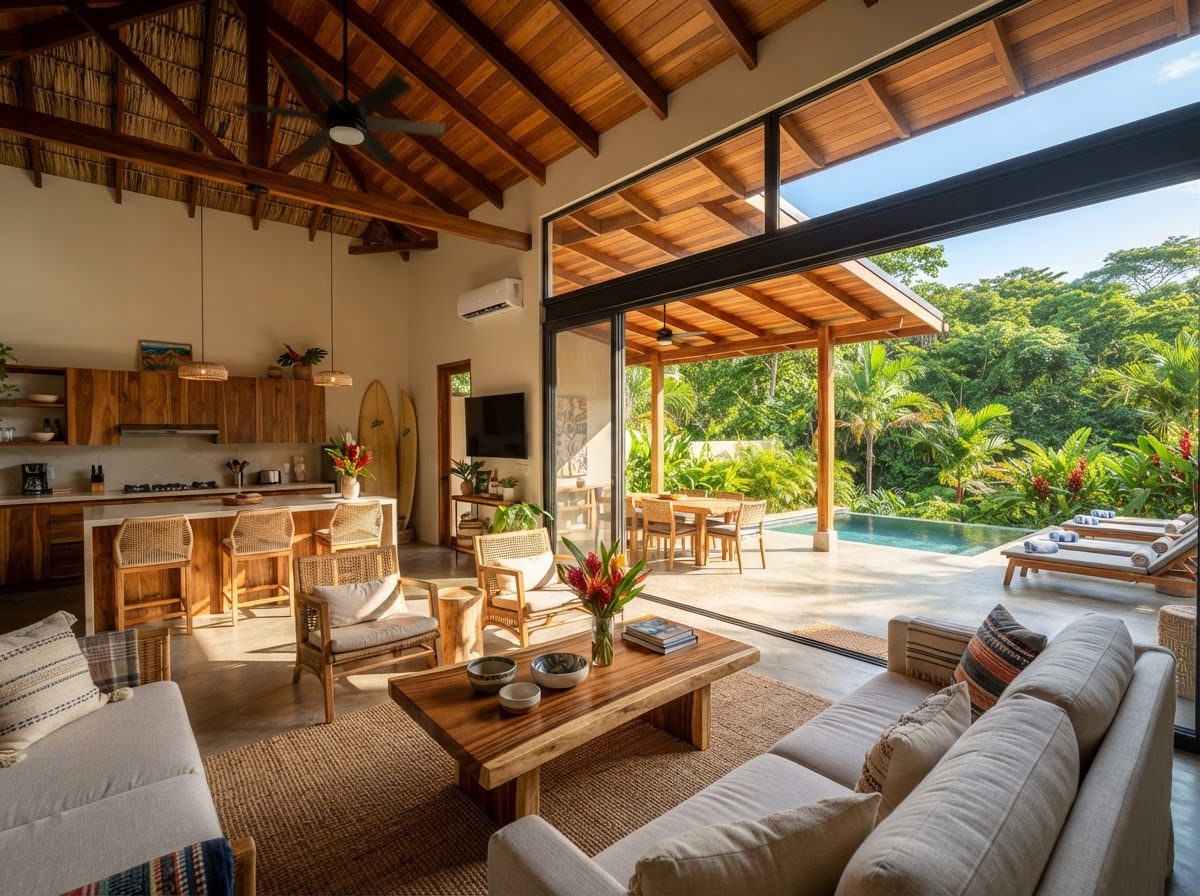 Interior moderno de casa tropical de alquiler en Playa Guiones, Nosara, con techos de madera y vista a la piscina