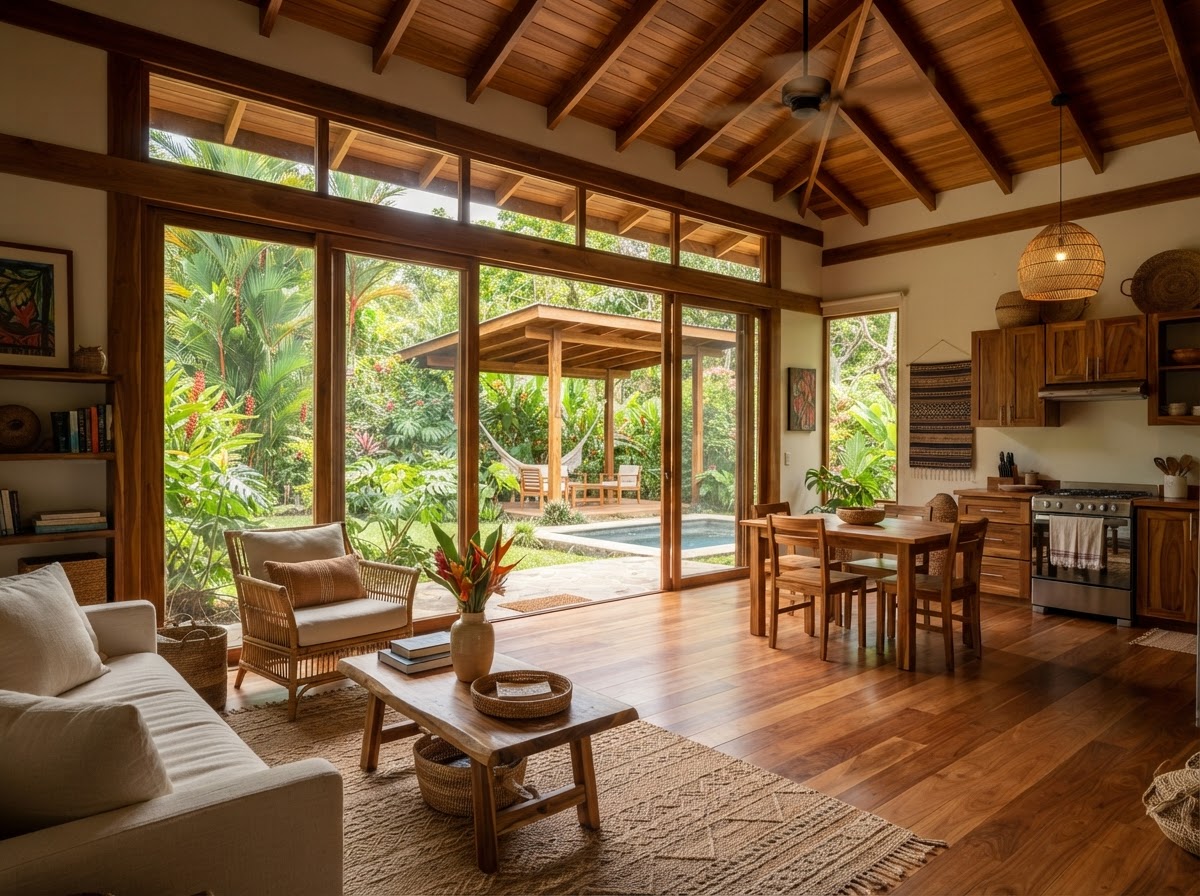 Propiedad residencial tropical en Esperanza, Nosara, con vegetación y arquitectura moderna de materiales naturales