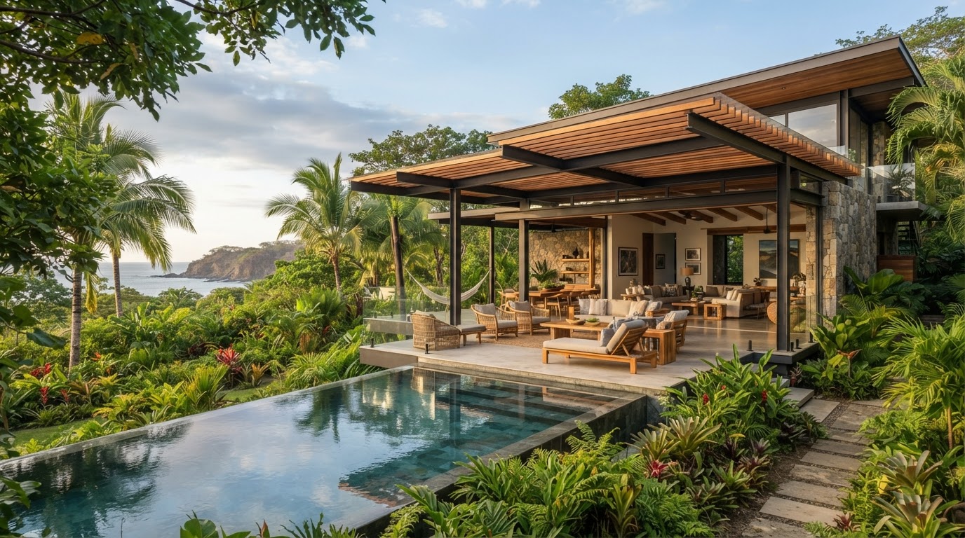 Casa tropical contemporánea de diseño abierto con madera y piedra natural en un entorno costero de baja densidad de Guanacaste, rodeada de vegetación tropical