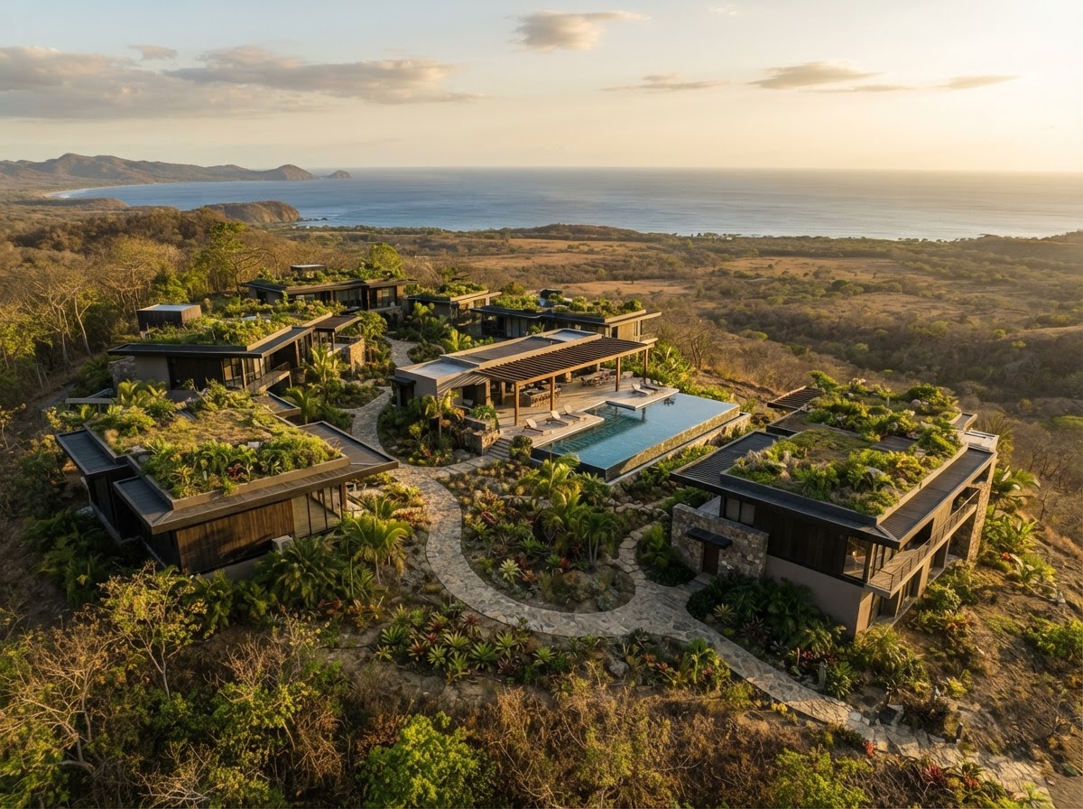 Pequeño desarrollo residencial tropical contemporáneo en una ladera con vistas al Pacífico en Guanacaste, Costa Rica
