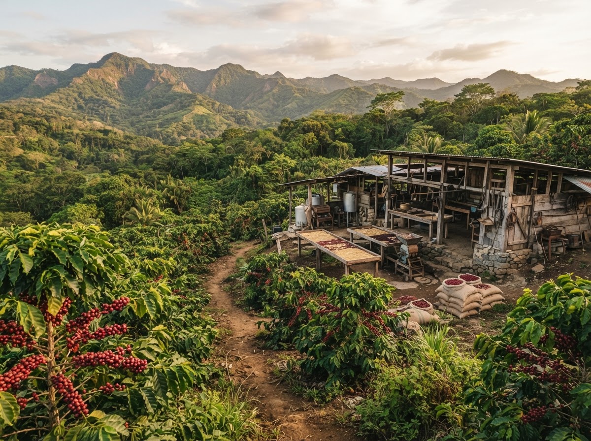 Planta de café con granos rojos maduros en una finca rural de Guanacaste