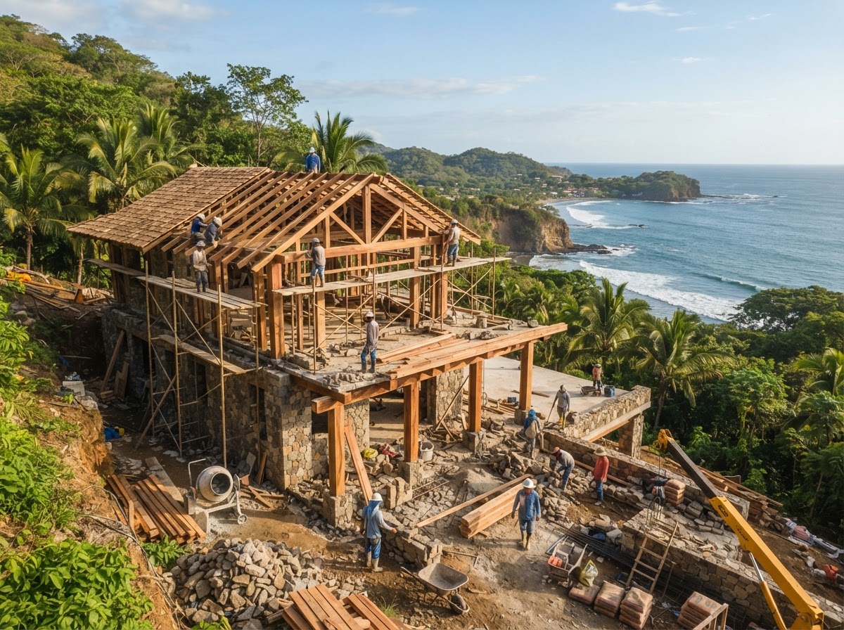 Propiedad residencial tropical en Garza, Nosara, con jardín y arquitectura moderna de materiales naturales