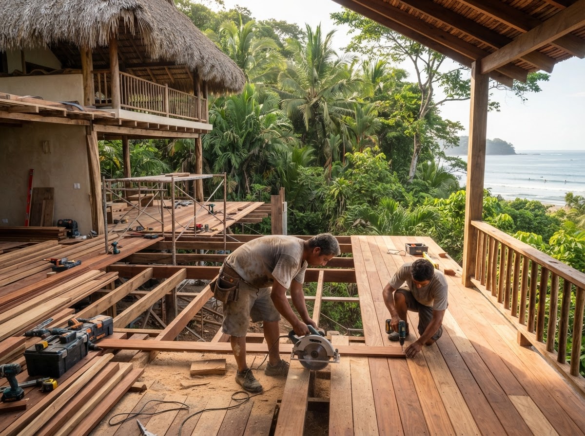Obra de construcción y remodelación de villa tropical en Marbella, Guanacaste con vigas de madera y mampostería de piedra natural