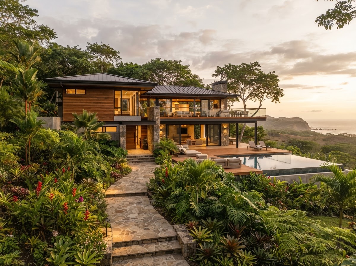 Residencia tropical moderna bien mantenida con sendero de piedra natural y jardín de vegetación nativa en un entorno costero rural de Guanacaste