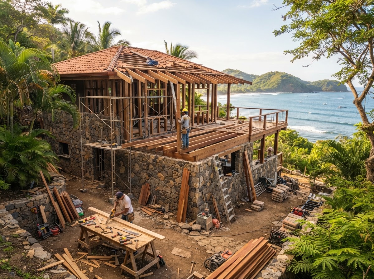 Construcción de villa tropical costera en San Juanillo, Guanacaste con estructura de piedra y madera