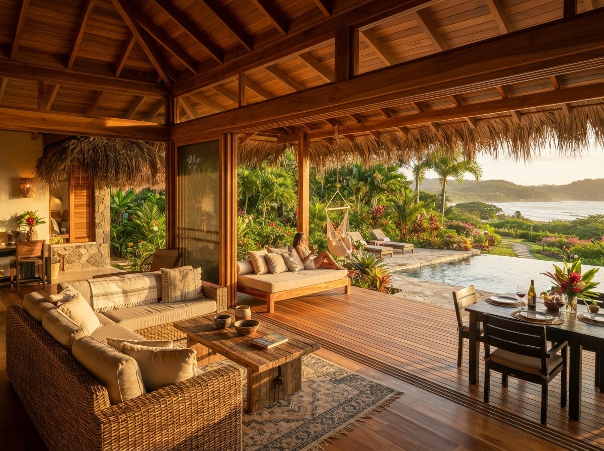 Interior cálido de villa tropical de alquiler en Marbella, Guanacaste con terraza abierta hacia el jardín y madera natural