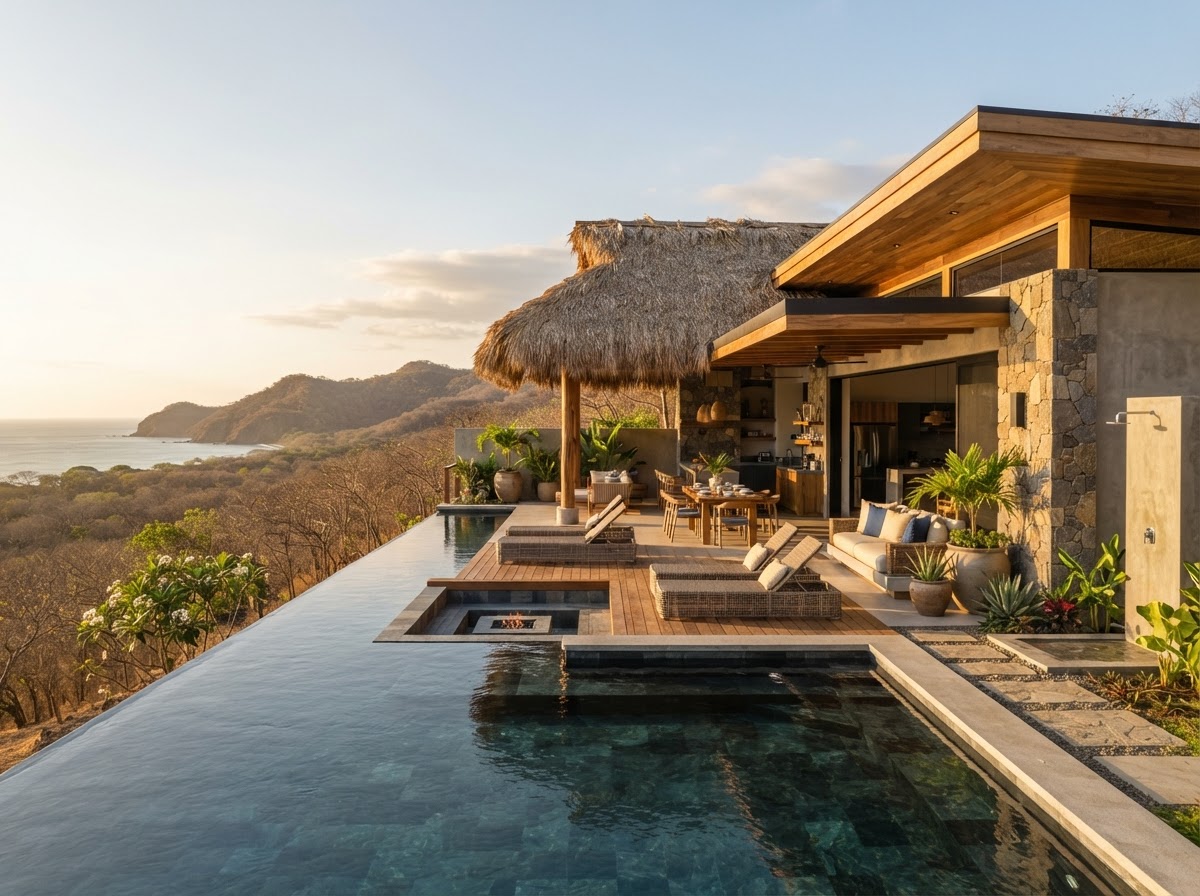 Villa tropical de alquiler representativa con palapa, piscina infinita y vistas al Pacífico en Guanacaste, Costa Rica