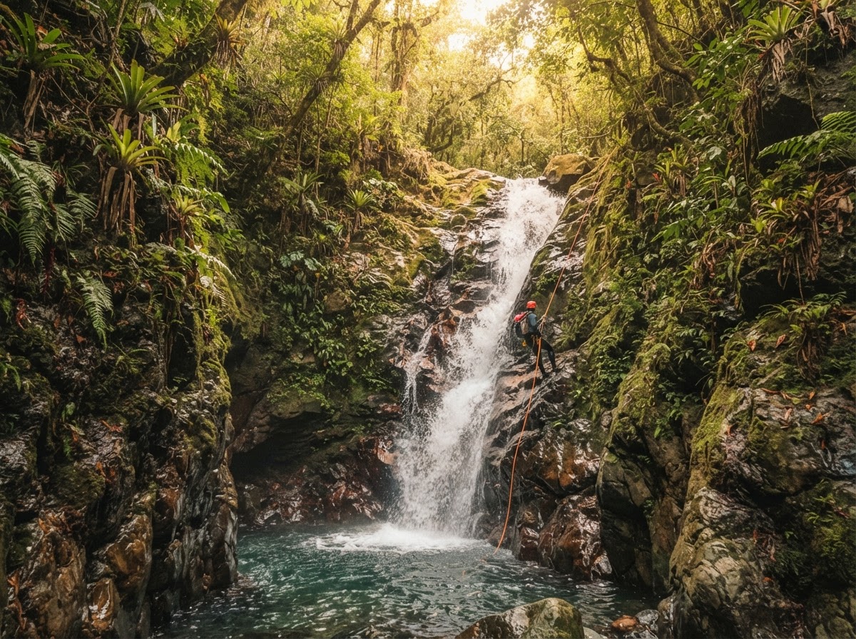 Cascada entre vegetación tropical en un cañón de Guanacaste, con posibilidad de descensos de aventura