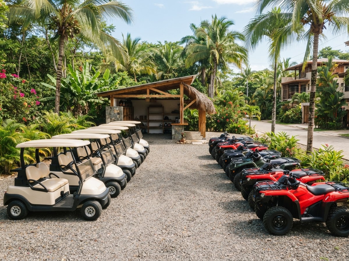Cuatrimotos y carritos de golf alineados en un punto de renta en Nosara, Guanacaste