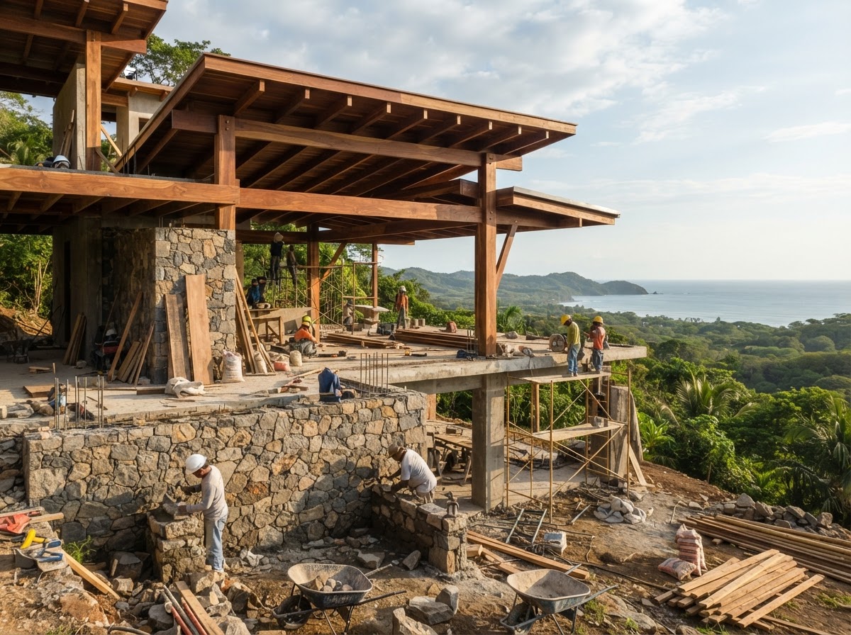 Propiedad residencial tropical en Marbella, Guanacaste con jardín y arquitectura moderna de materiales naturales