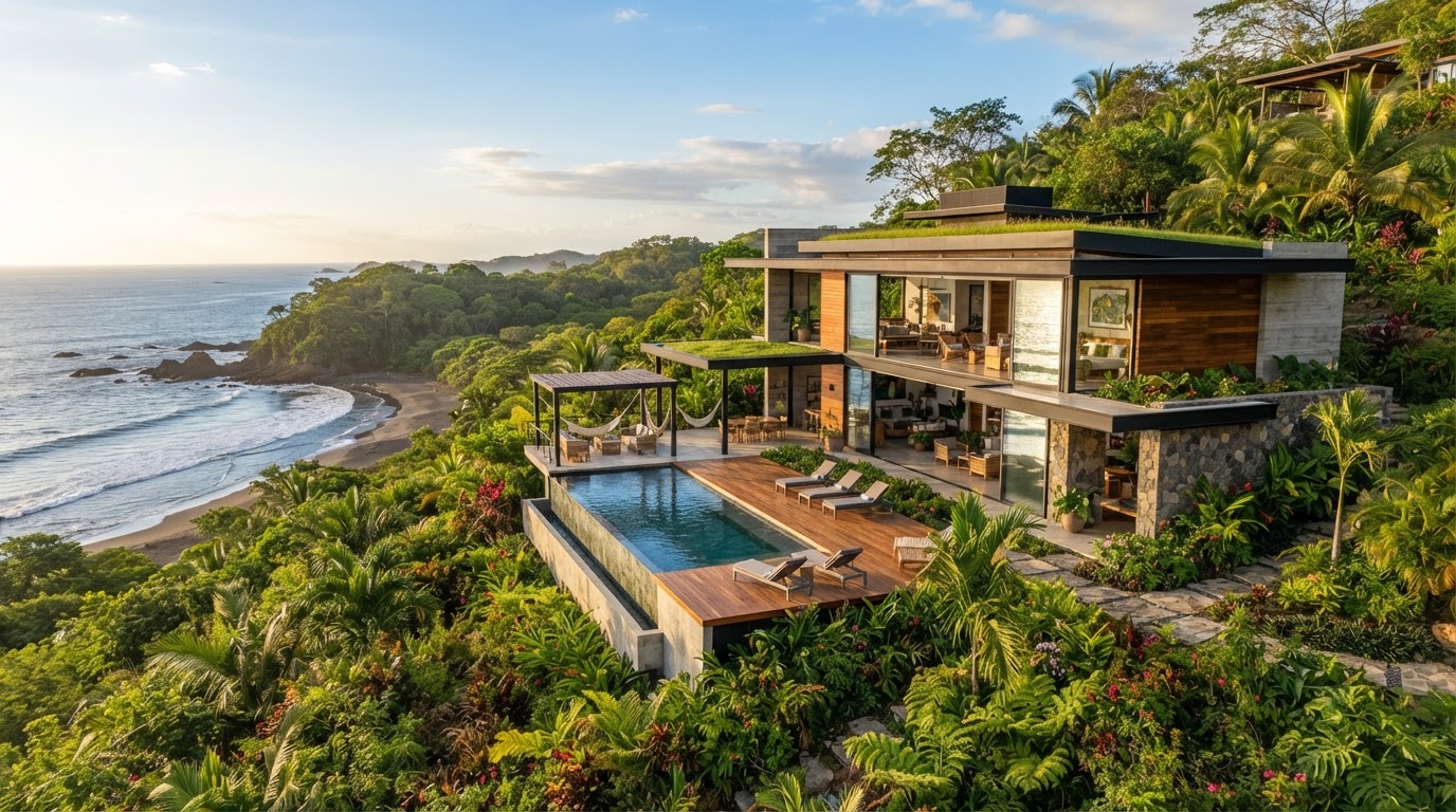 Casa tropical costera en San Juanillo, Guanacaste con arquitectura de materiales naturales, vegetación densa y luz cálida del Pacífico