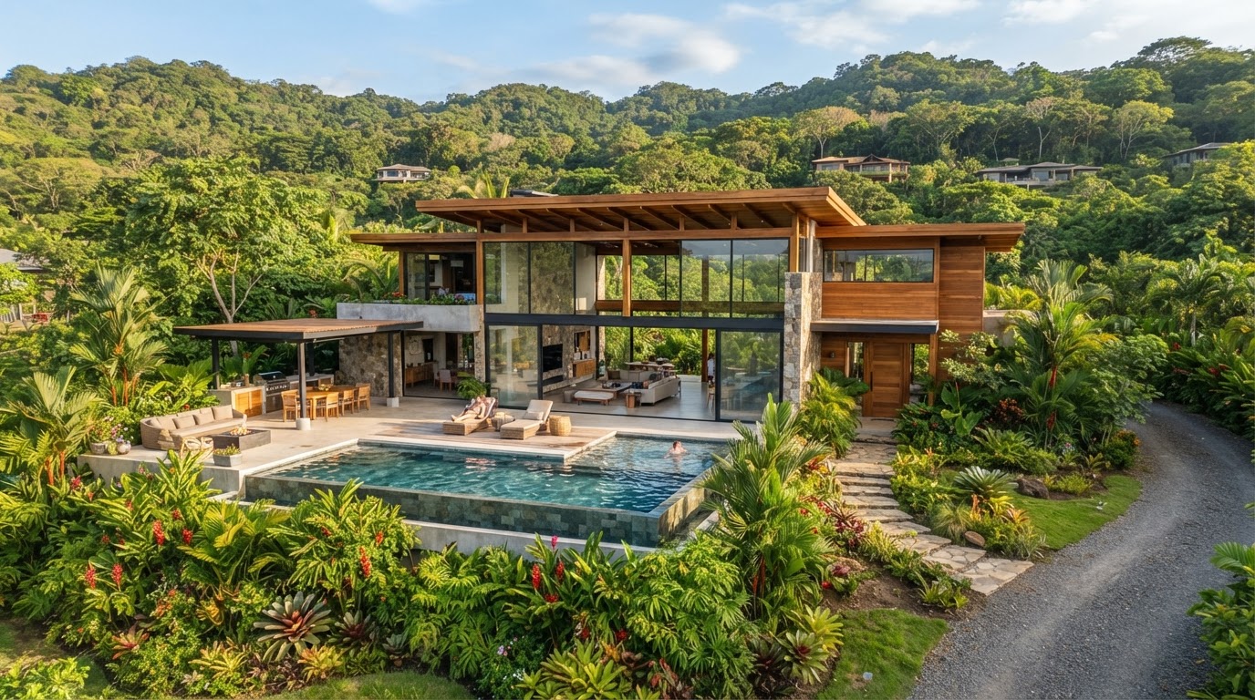 Propiedad residencial tropical en San Juanillo, Guanacaste con vegetación y arquitectura moderna de materiales naturales