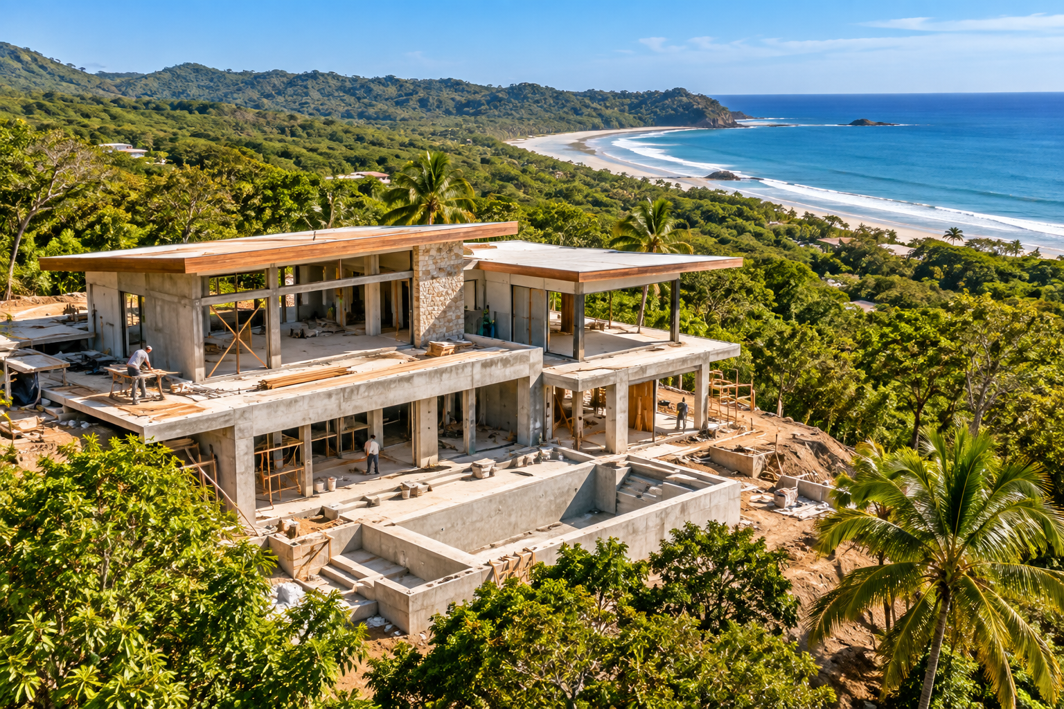 Construcción y estructura de villa moderna en colina con vista panorámica a la bahía y costa del Pacífico en Guanacaste