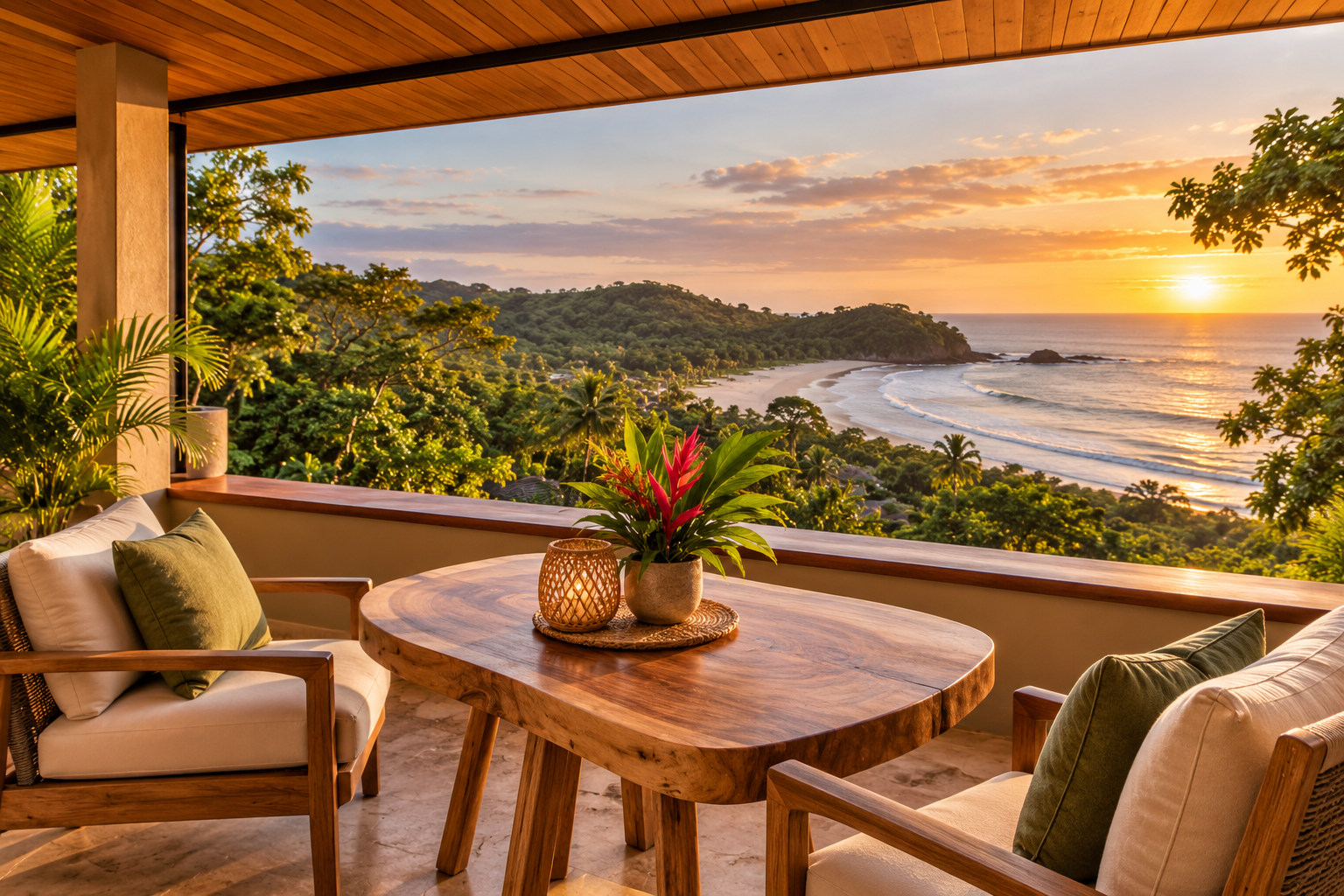 Terraza abierta con mesa de madera natural y vista al atardecer sobre la bahía y el océano en Guanacaste