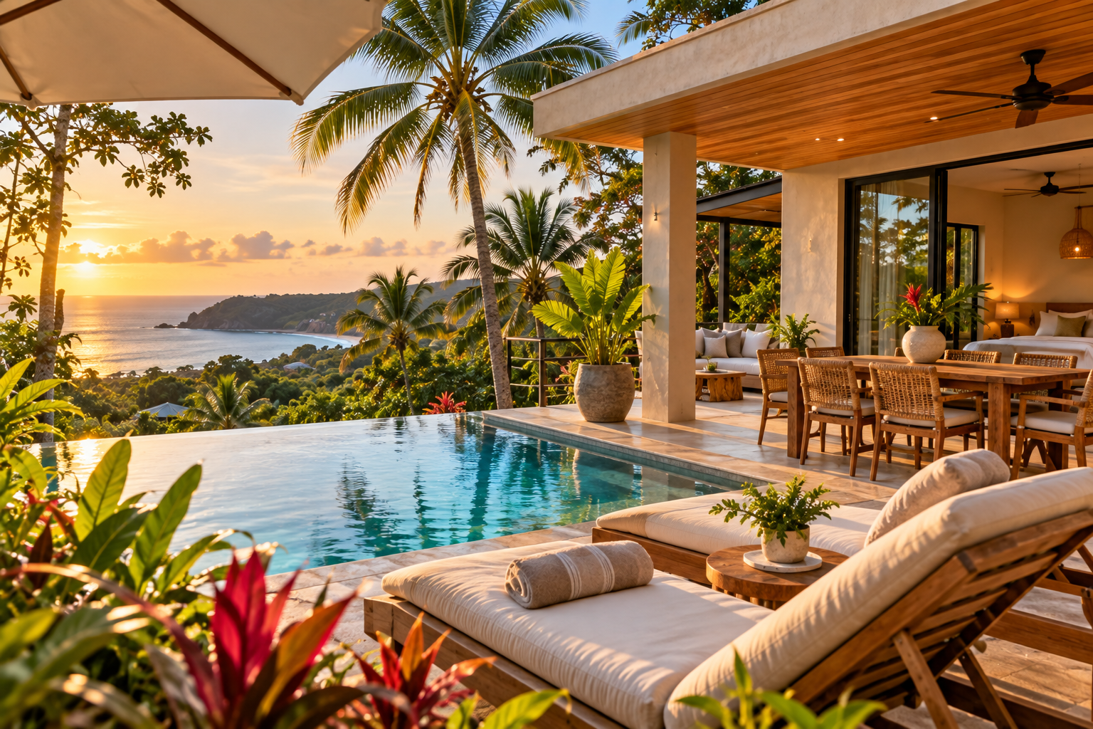 Contemporary villa in Playa Pelada with infinity pool at sunset, covered terrace and panoramic view of the Pacific coast