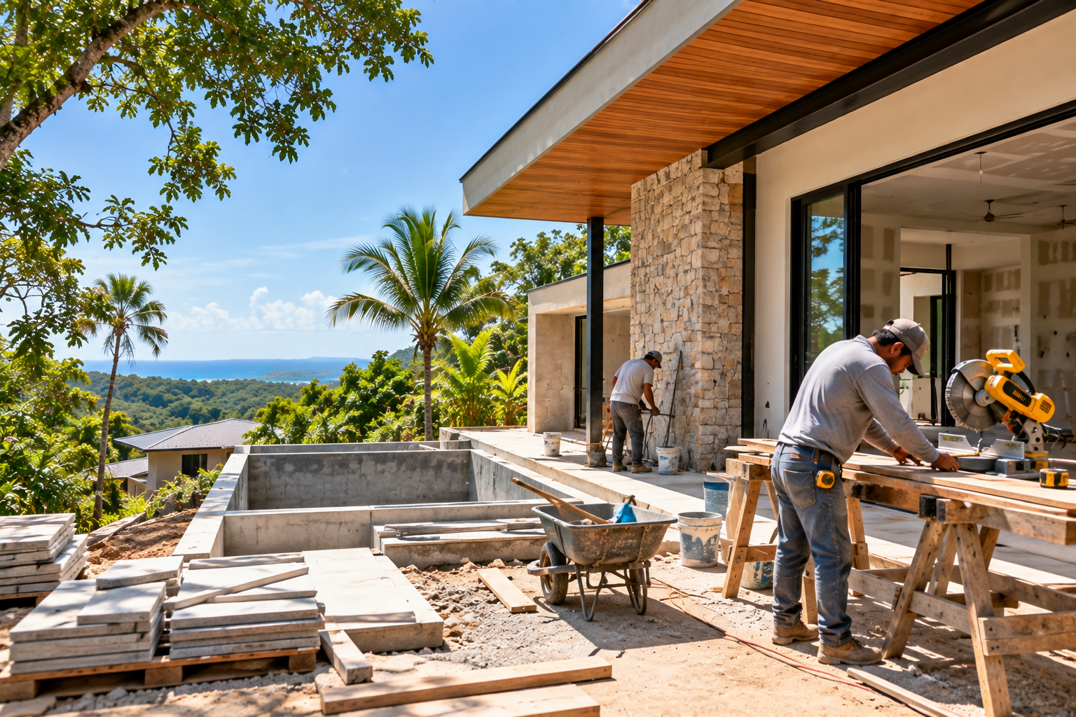 Trabajos de carpintería y construcción en la terraza de una villa moderna con vista panorámica en la zona de Nosara, Guanacaste