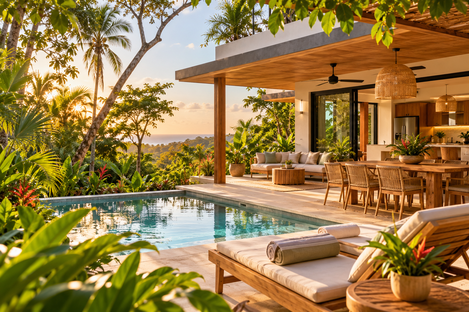 Terraza exterior y piscina de una villa tropical contemporánea con comedor al aire libre, reposeras y vista al atardecer sobre el Pacífico