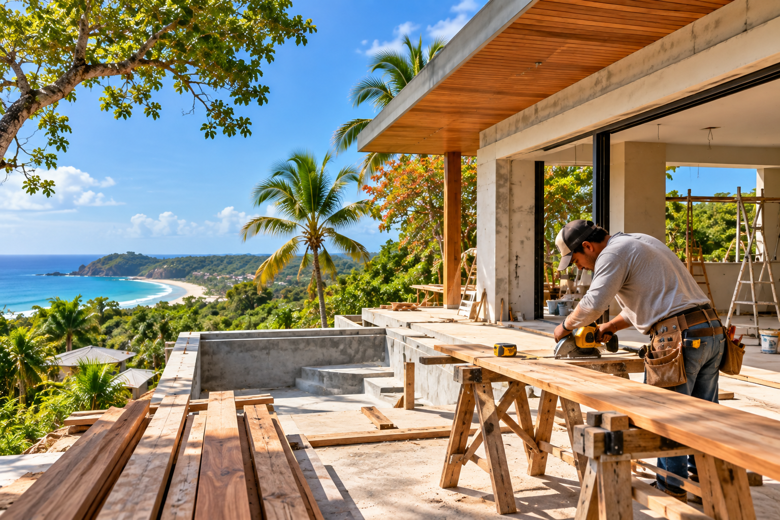 Carpentry and remodeling on the terrace of a contemporary villa with panoramic view toward the Playa Pelada coast, Guanacaste