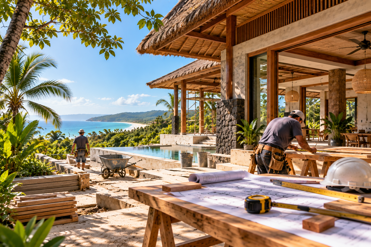 Trabajos de carpintería y construcción en terraza de villa tropical contemporánea con planos de obra y vista al océano Pacífico