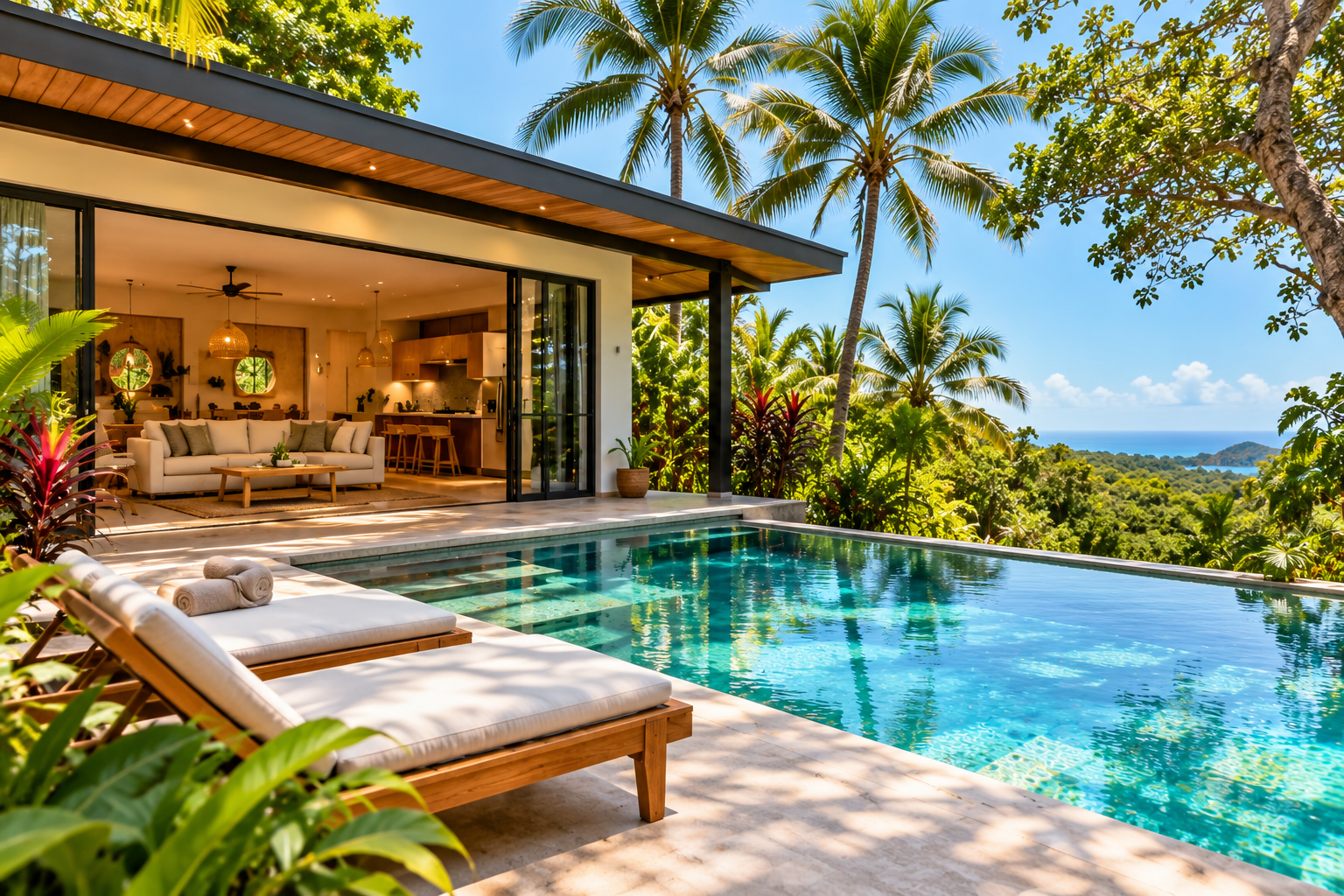 Contemporary tropical villa in Nosara with infinity pool, wooden loungers and open terrace toward the vegetation and Pacific