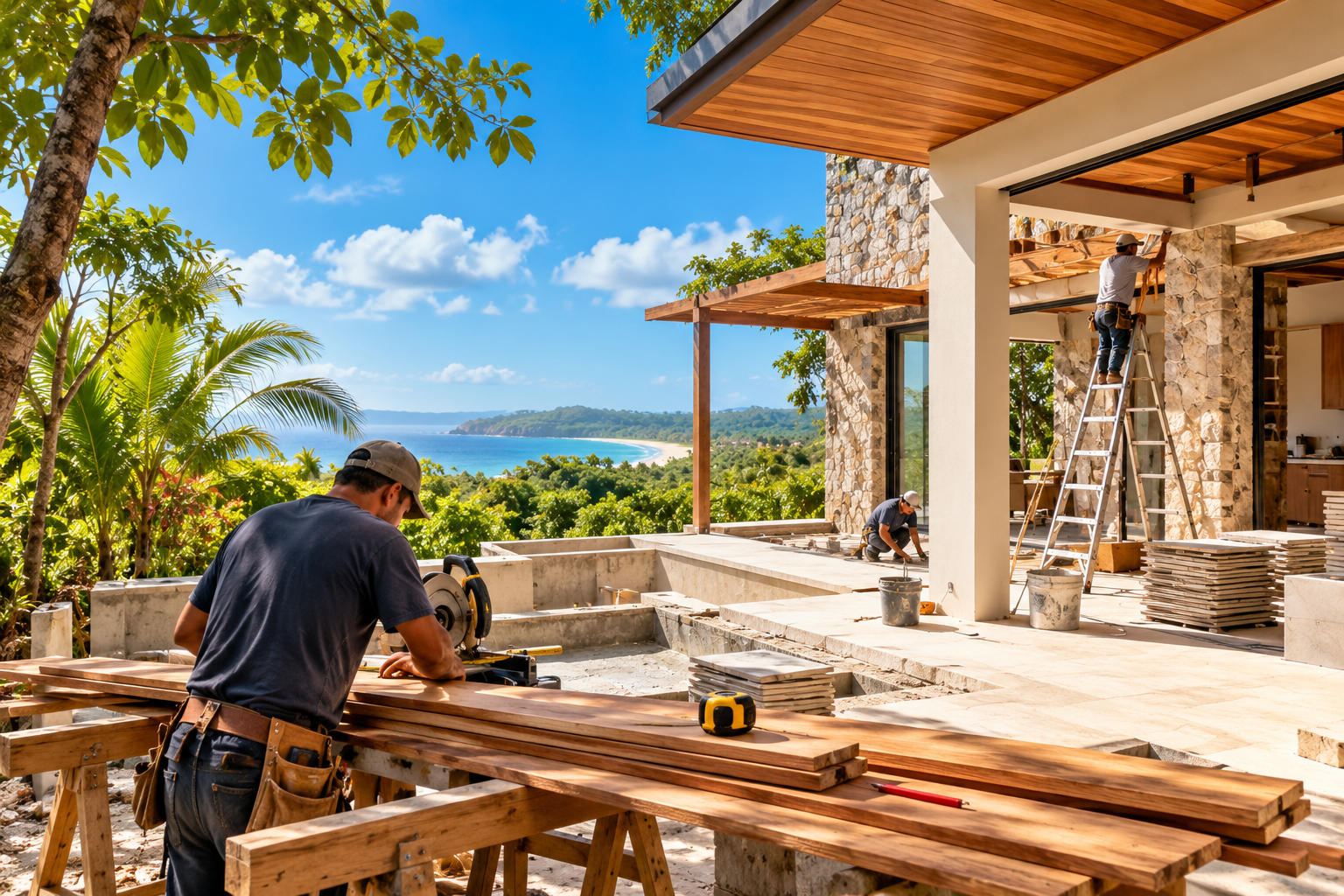 Carpinteros y constructores trabajando en la estructura de madera y piedra de una villa en Esperanza con vista panorámica a la costa del Pacífico
