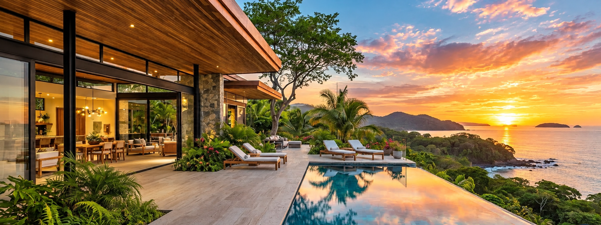Villa contemporánea de lujo en Guanacaste con terraza de madera, piscina infinita y vista al atardecer sobre el Pacífico